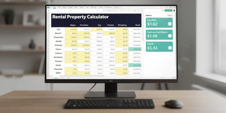 Excel rental property calculator spreadsheet with color-coded inputs and metrics dashboard