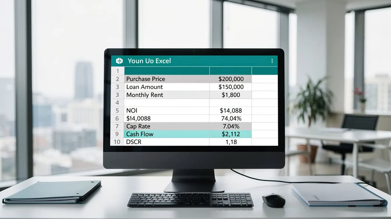 Excel rental property worked example showing NOI cap rate cash flow and DSCR calculations | eFinancialModels Excel rental property worked example showing NOI, cap rate, cash flow, and DSCR calculations