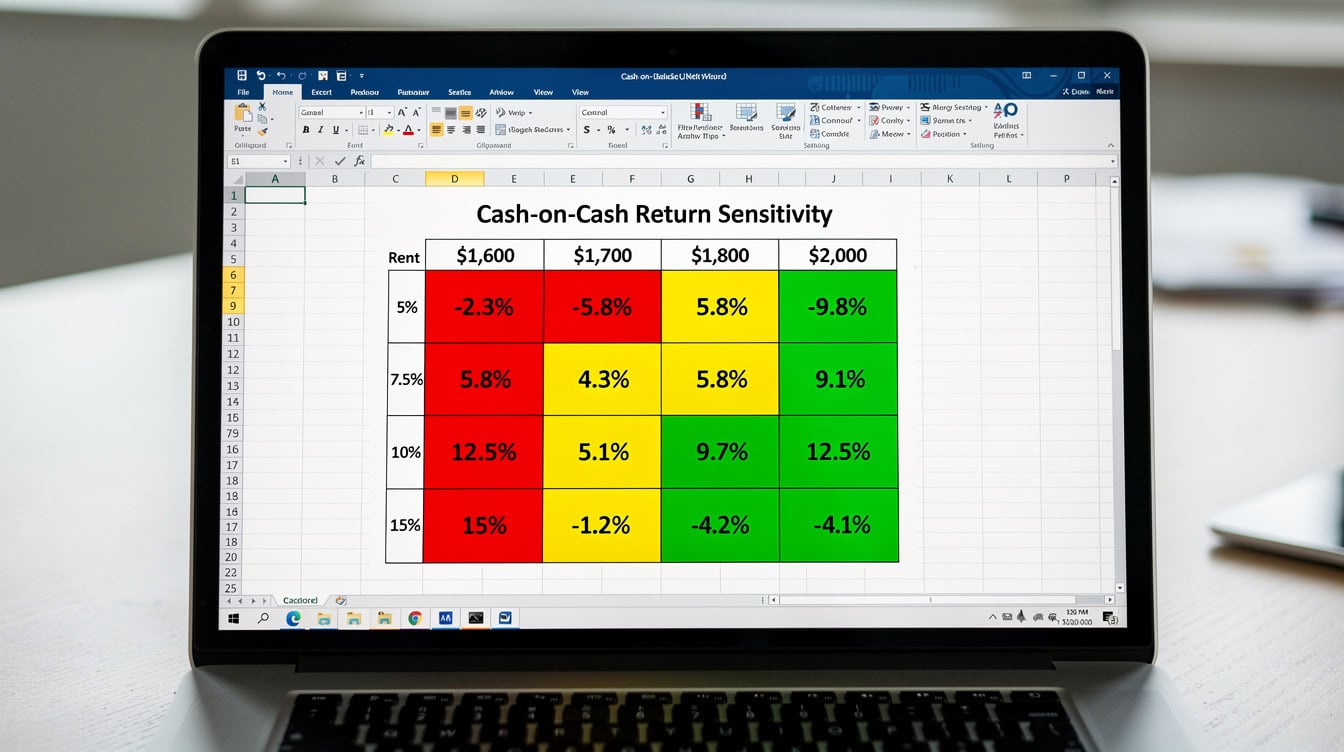Excel sensitivity analysis heat map for rental property cash-on-cash return across rent and vacancy scenarios | eFinancialModels Excel sensitivity analysis heat map for rental property cash-on-cash return across rent and vacancy scenarios
