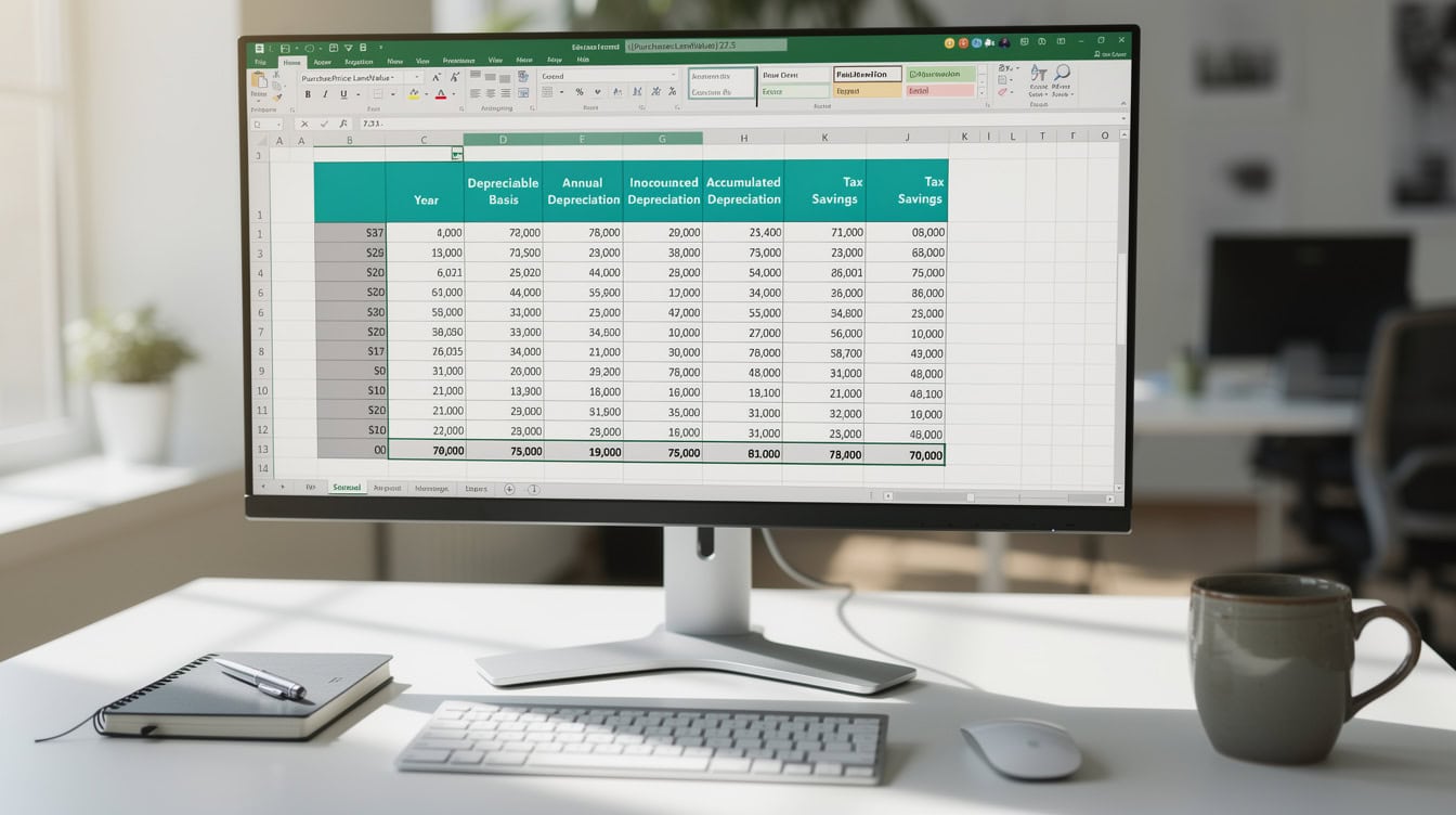 Excel depreciation schedule for residential rental property over 275 years with tax savings calculation | eFinancialModels Excel depreciation schedule for residential rental property over 27.5 years with tax savings calculation