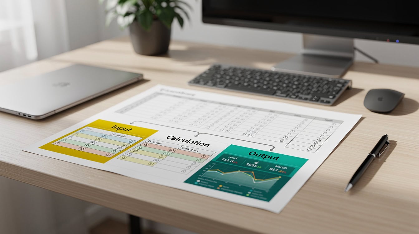 Input-calculation-output spreadsheet architecture diagram for reusable rental property calculator | eFinancialModels Input-calculation-output spreadsheet architecture diagram for reusable rental property calculator