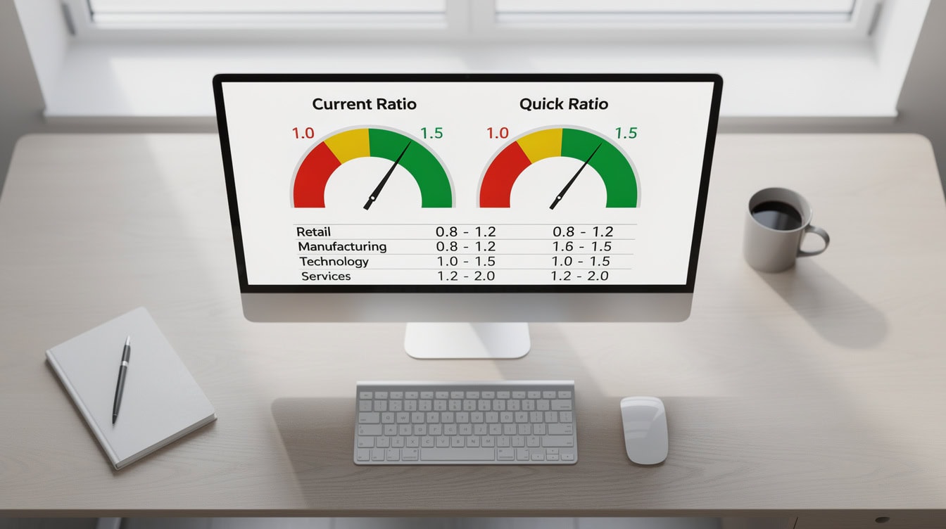 Gauge charts for current ratio and quick ratio with color-coded threshold zones and industry benchmark table | eFinancialModels Gauge charts for current ratio and quick ratio with color-coded threshold zones and industry benchmark table