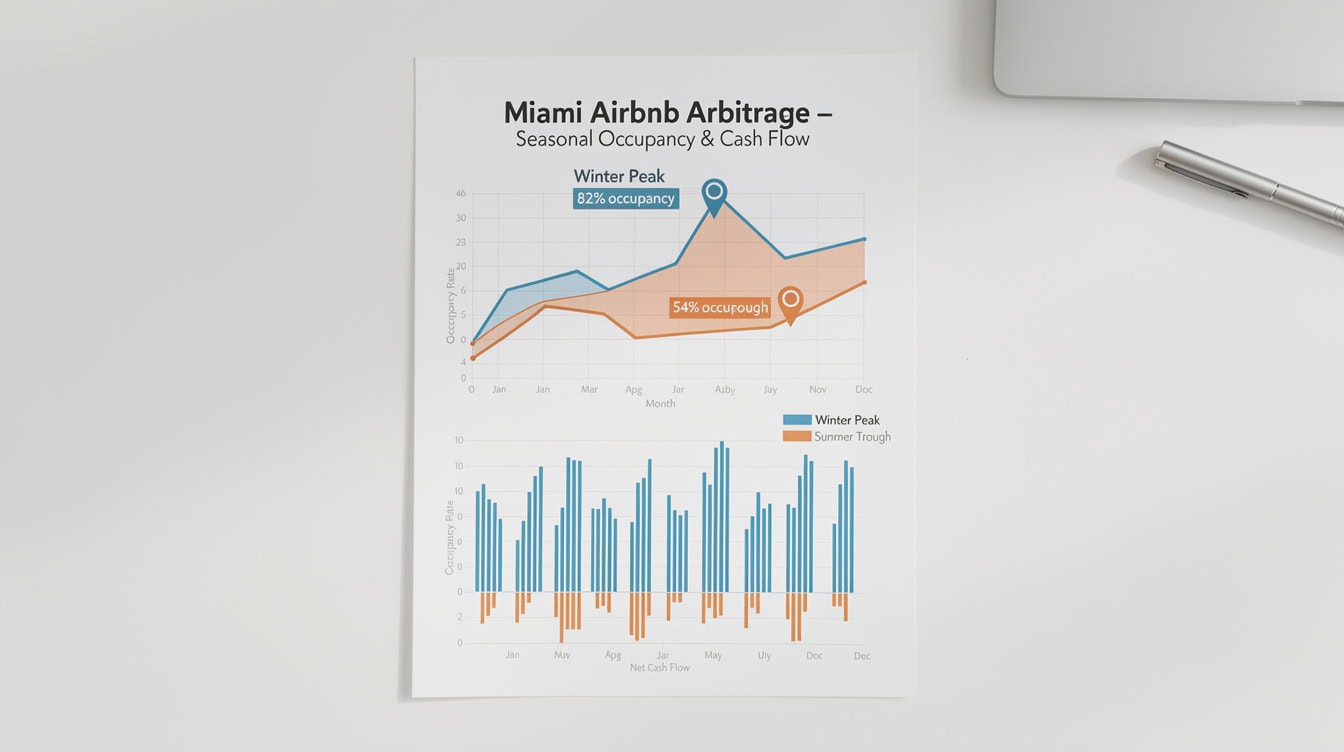 Miami Airbnb arbitrage seasonal occupancy chart showing 82 winter peak and 54 summer trough with corresponding monthly cash flow | eFinancialModels Miami Airbnb arbitrage seasonal occupancy chart showing 82% winter peak and 54% summer trough with corresponding monthly cash flow