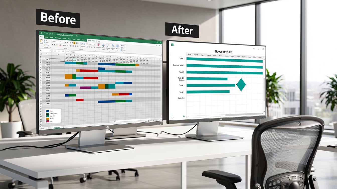 Before and after comparison of Excel Gantt chart formatting showing cluttered versus professional presentation | eFinancialModels Before and after comparison of Excel Gantt chart formatting showing cluttered versus professional presentation