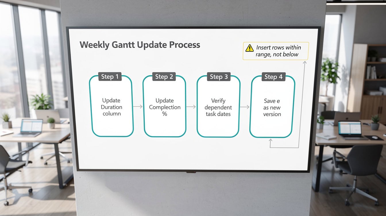 Flowchart showing the 4-step weekly update workflow for maintaining an Excel Gantt chart | eFinancialModels Flowchart showing the 4-step weekly update workflow for maintaining an Excel Gantt chart