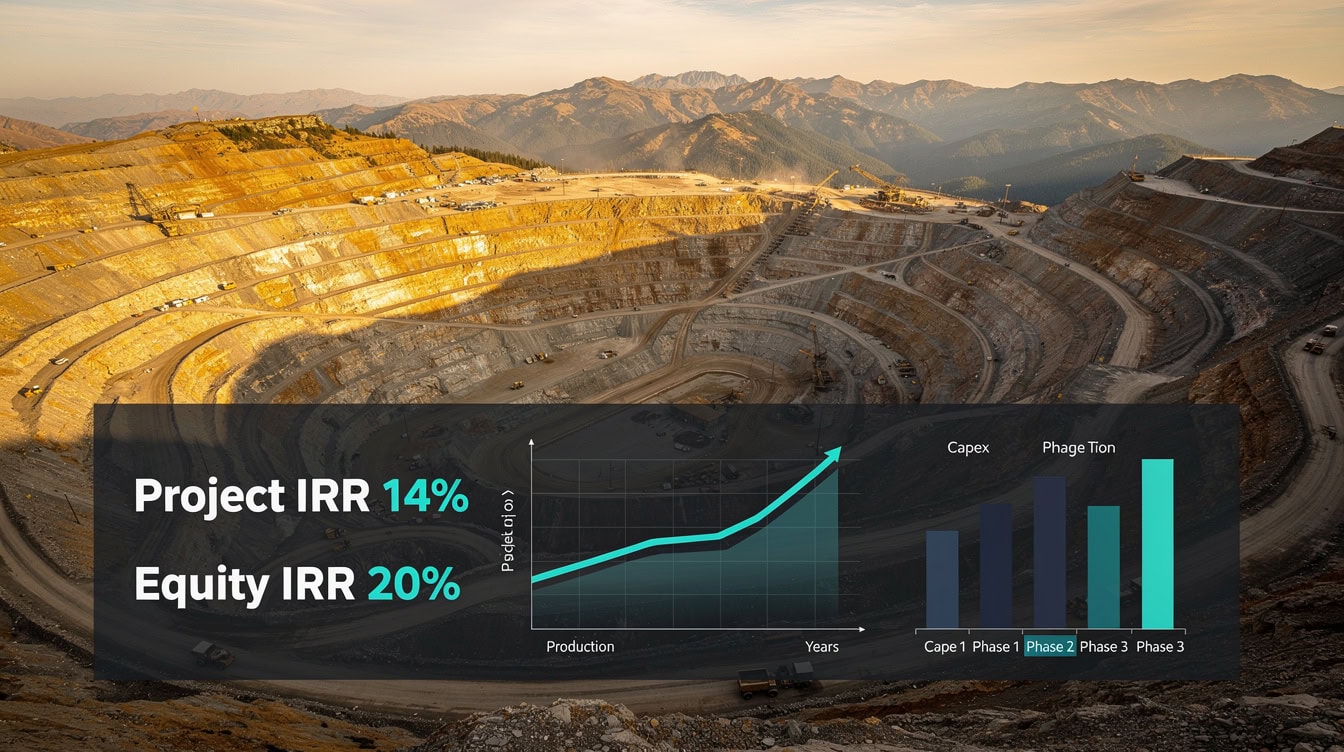 Gold mine project finance model showing project IRR versus equity IRR outputs with production ramp-up curve | eFinancialModels Gold mine project finance model showing project IRR versus equity IRR outputs with production ramp-up curve