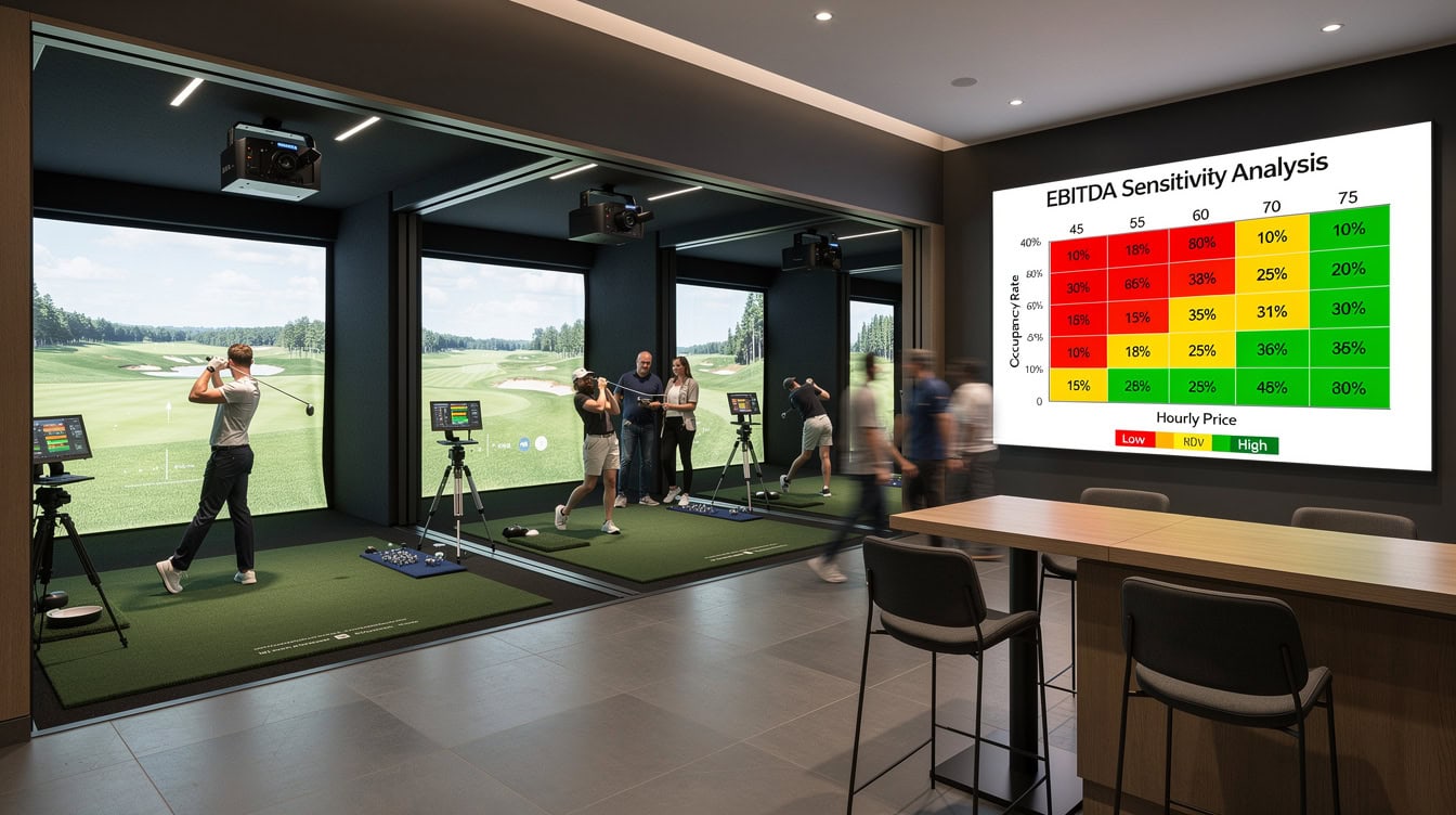 Heat map sensitivity table showing EBITDA impact of occupancy rate and hourly pricing combinations for a 5-bay golf simulator facility | eFinancialModels Heat map sensitivity table showing EBITDA impact of occupancy rate and hourly pricing combinations for a 5-bay golf simulator facility