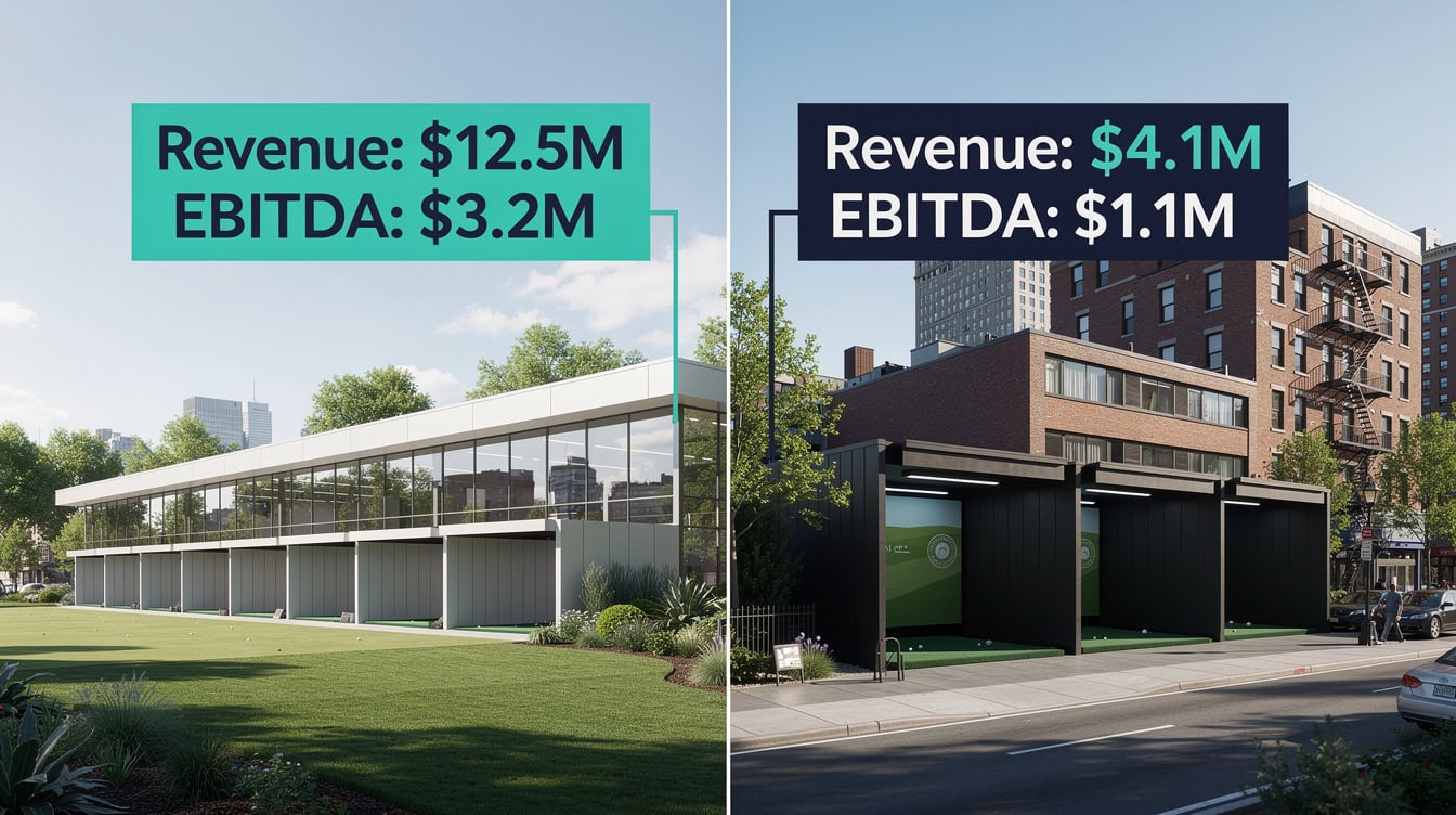 Side-by-side comparison of 10-bay suburban golf simulator facility versus 3-bay urban location showing key financial metrics | eFinancialModels Side-by-side comparison of 10-bay suburban golf simulator facility versus 3-bay urban location showing key financial metrics