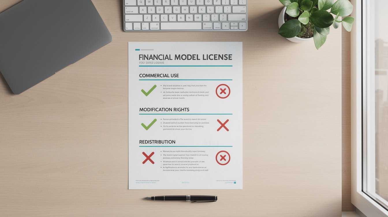 Financial model template license document highlighting four key terms commercial use modification rights attribution and redistribution | eFinancialModels Financial model template license document highlighting four key terms: commercial use, modification rights, attribution, and redistribution