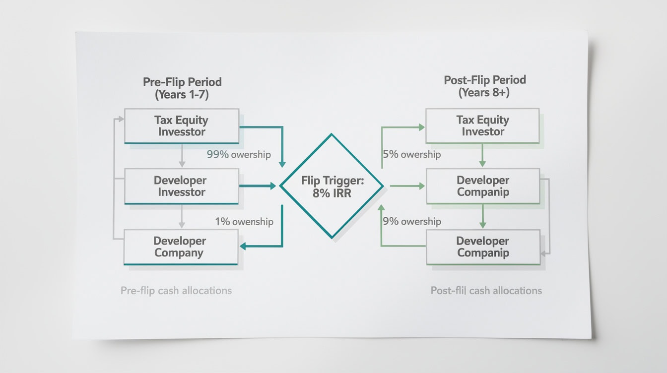 Flowchart showing the tax equity partnership flip structure with pre-flip 99 investor ownership transitioning to 5 after IRR hurdle is met | eFinancialModels Flowchart showing the tax equity partnership flip structure with pre-flip 99% investor ownership transitioning to 5% after IRR hurdle is met
