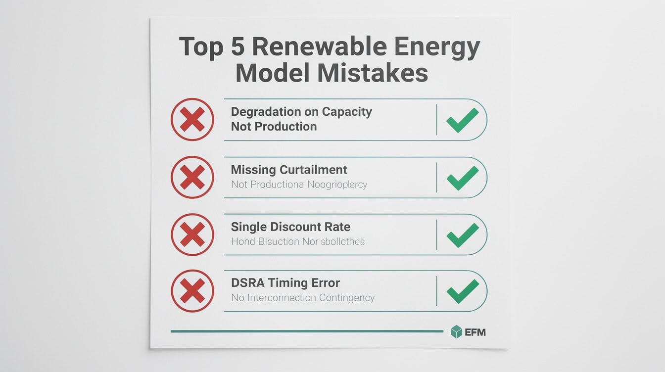 Infographic listing the top 5 renewable energy financial model mistakes with corresponding fixes | eFinancialModels Infographic listing the top 5 renewable energy financial model mistakes with corresponding fixes
