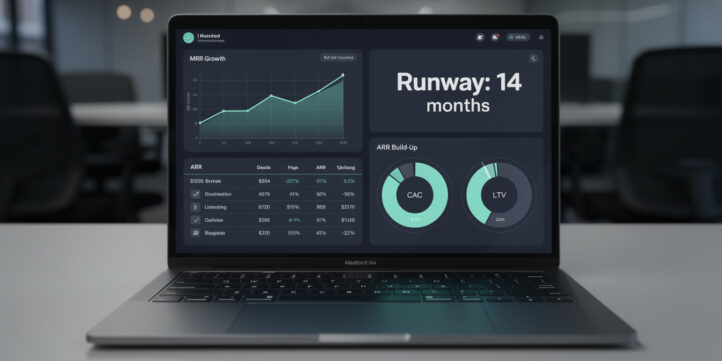 SaaS financial projections dashboard showing MRR growth, ARR build-up, and unit economics on a laptop screen