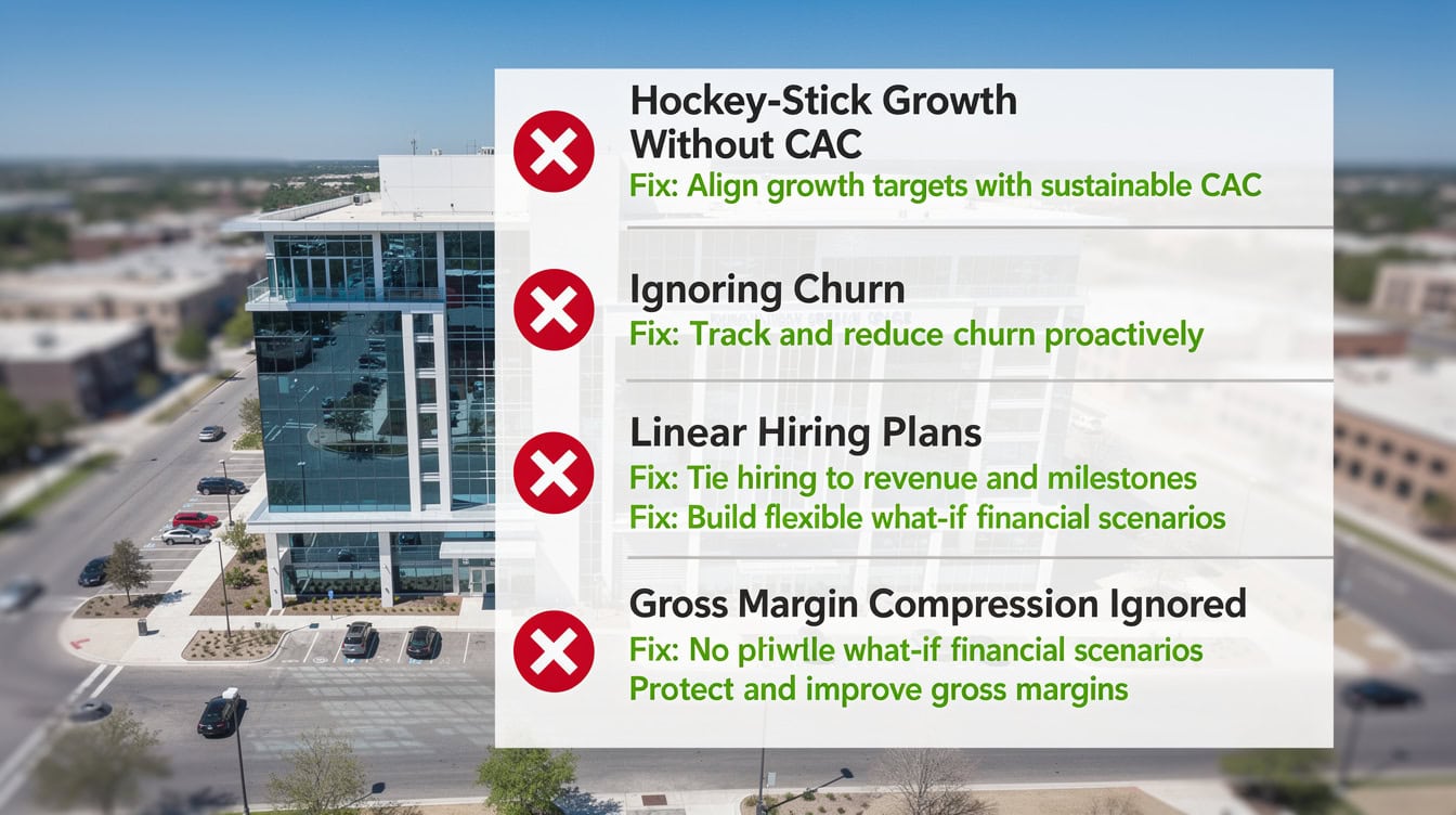 Five fatal SaaS financial modeling errors shown as red warning signs with green fix indicators | eFinancialModels Five fatal SaaS financial modeling errors shown as red warning signs with green fix indicators