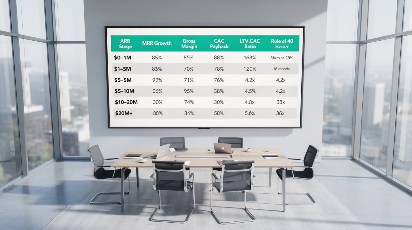 SaaS benchmark metrics comparison table showing MRR growth gross margin and CAC payback by ARR stage | eFinancialModels SaaS benchmark metrics comparison table showing MRR growth, gross margin, and CAC payback by ARR stage