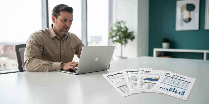 Founder comparing three types of seed-stage financial models on a laptop