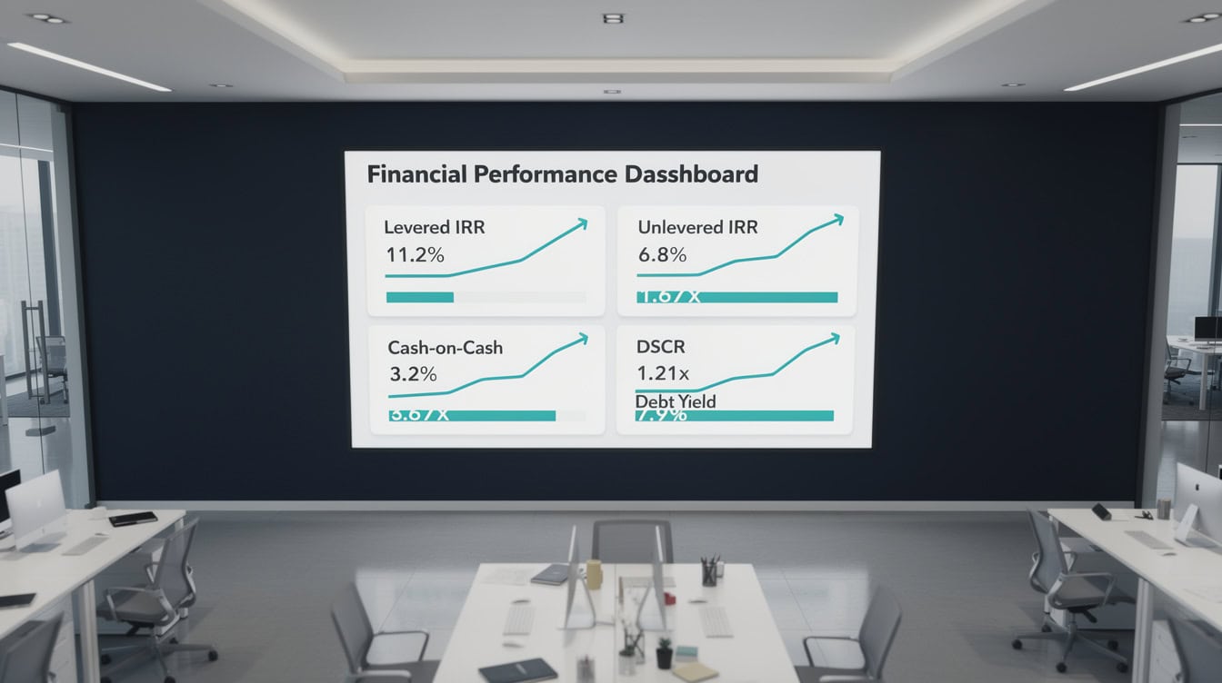 Financial dashboard showing six multifamily return metrics levered IRR unlevered IRR equity multiple cash-on-cash return DSCR and debt yield | eFinancialModels Financial dashboard showing six multifamily return metrics: levered IRR, unlevered IRR, equity multiple, cash-on-cash return, DSCR, and debt yield