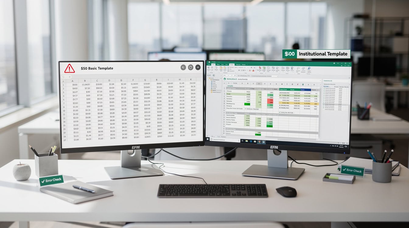 Side-by-side comparison of a basic multifamily template versus an institutional 0 template showing feature differences | eFinancialModels Side-by-side comparison of a basic multifamily template versus an institutional 0 template showing feature differences