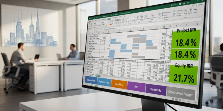 Real estate development financial model displayed in Excel with color-coded tabs and IRR output