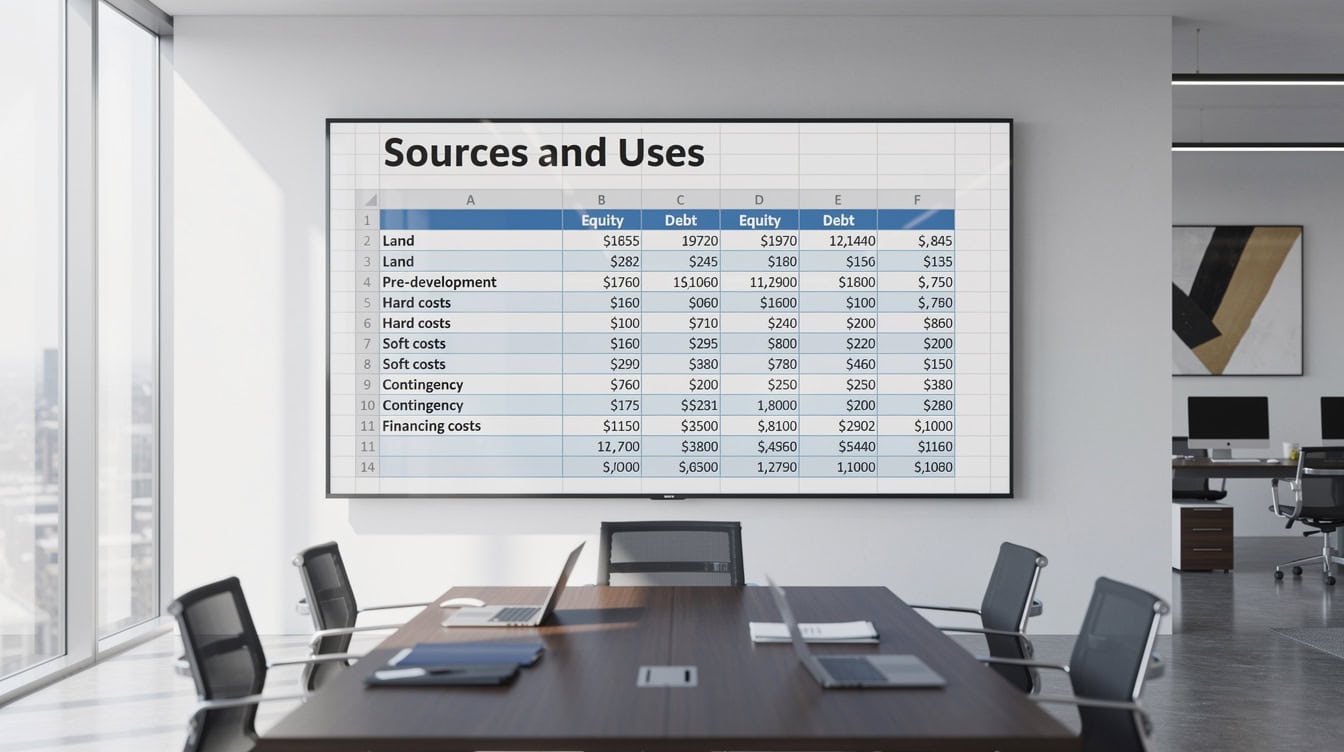 Excel Sources and Uses table for a real estate development project showing cost categories and financing split | eFinancialModels Excel Sources and Uses table for a real estate development project showing cost categories and financing split