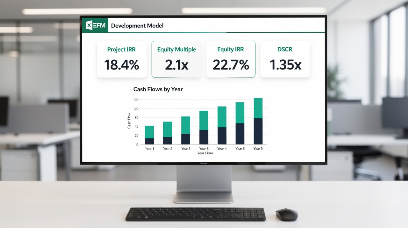 Real estate development model dashboard showing project IRR equity multiple equity IRR and DSCR as KPI cards | eFinancialModels Real estate development model dashboard showing project IRR, equity multiple, equity IRR, and DSCR as KPI cards