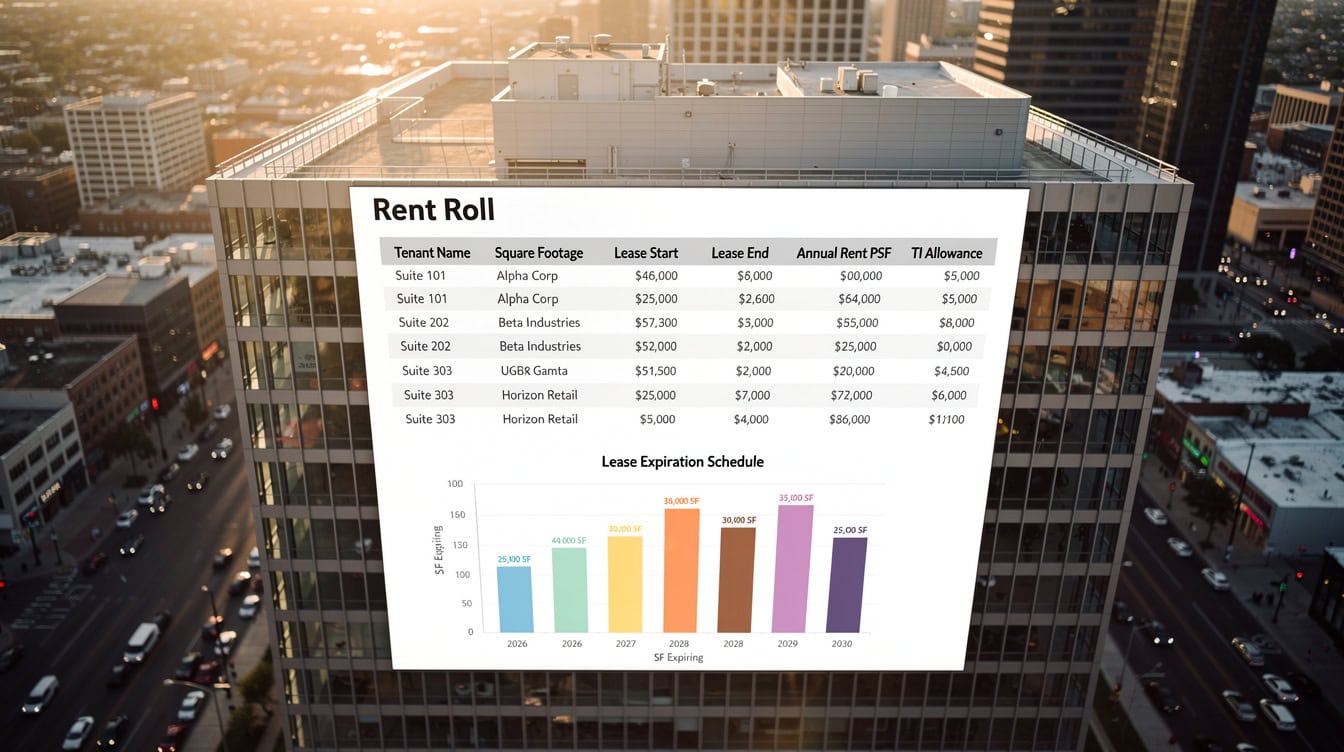 Commercial real estate rent roll table showing tenant lease data and expiration schedule | eFinancialModels Commercial real estate rent roll table showing tenant lease data and expiration schedule