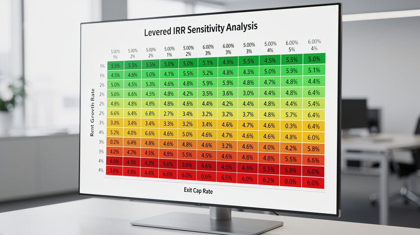 Sensitivity analysis heat map showing levered IRR across exit cap rate and rent growth scenarios | eFinancialModels Sensitivity analysis heat map showing levered IRR across exit cap rate and rent growth scenarios