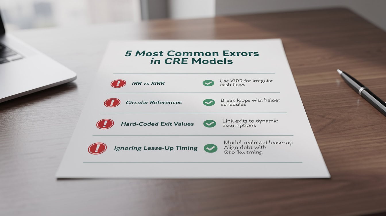 Infographic showing 5 common Excel formula errors in commercial real estate acquisition models and their fixes | eFinancialModels Infographic showing 5 common Excel formula errors in commercial real estate acquisition models and their fixes