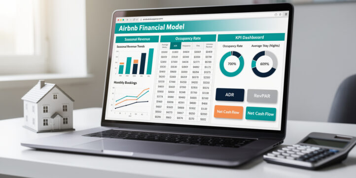 Airbnb financial model Excel template displayed on a laptop with seasonal revenue charts and KPI dashboard