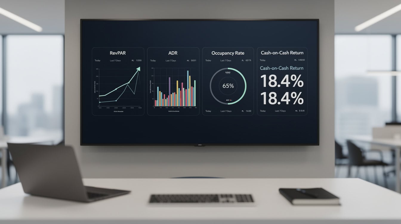 Airbnb KPI dashboard showing RevPAR ADR occupancy rate gauge at 65 percent and cash-on-cash return metric cards | eFinancialModels Airbnb KPI dashboard showing RevPAR, ADR, occupancy rate gauge at 65 percent, and cash-on-cash return metric cards