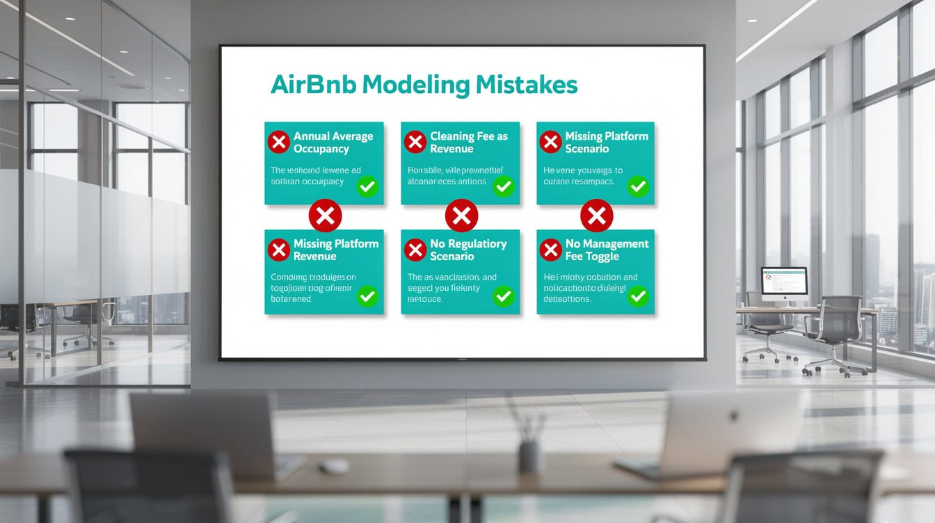 Five common Airbnb financial modeling mistakes illustrated as warning cards with red X icons and green checkmark fixes for each error | eFinancialModels Five common Airbnb financial modeling mistakes illustrated as warning cards with red X icons and green checkmark fixes for each error
