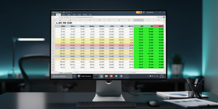 Institutional-grade LBO model Excel template open on a monitor showing IRR and MOIC outputs