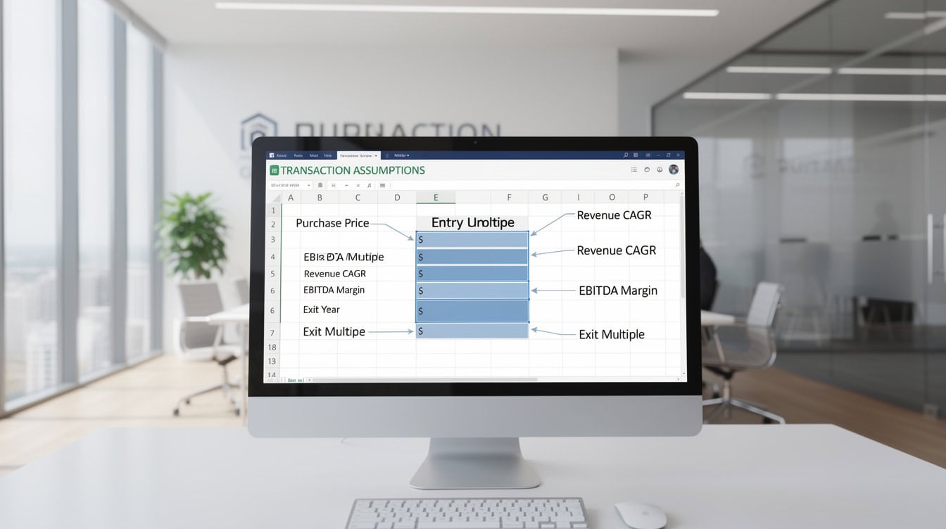Excel Transaction Assumptions tab with blue input cells for LBO model customization | eFinancialModels Excel Transaction Assumptions tab with blue input cells for LBO model customization
