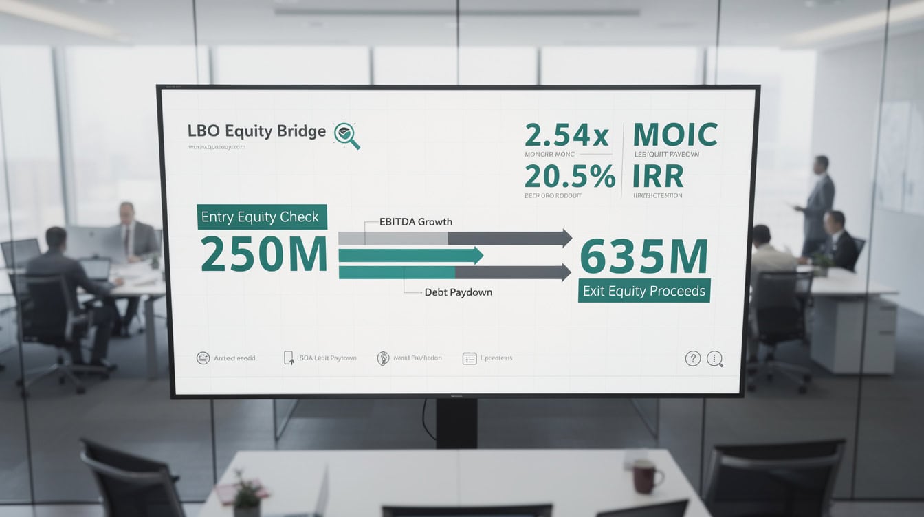 LBO equity bridge showing 0M entry equity growing to 5M exit proceeds at 254x MOIC and 205 IRR | eFinancialModels LBO equity bridge showing 0M entry equity growing to 5M exit proceeds at 2.54x MOIC and 20.5% IRR