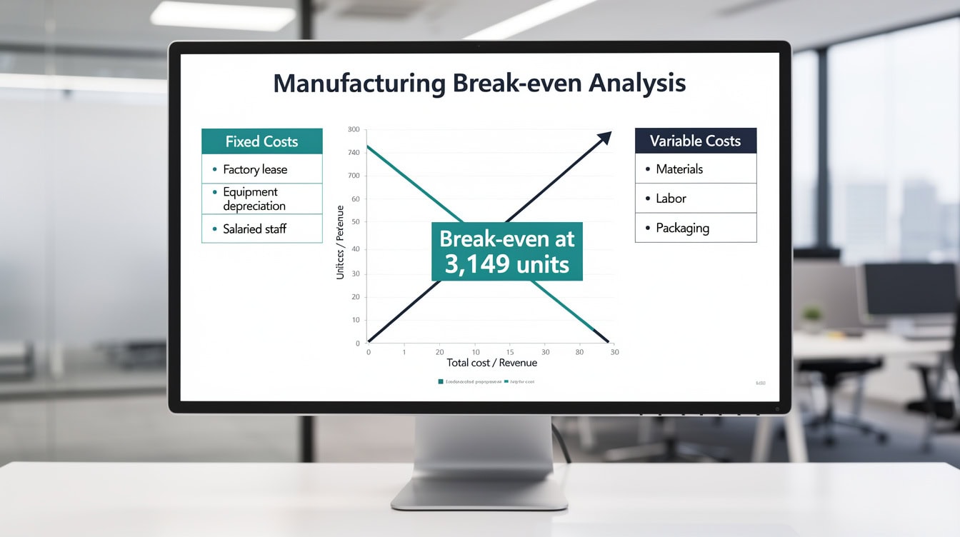 Manufacturing firm break-even analysis infographic showing fixed and variable cost components and 3149 unit break-even threshold | eFinancialModels Manufacturing firm break-even analysis infographic showing fixed and variable cost components and 3149 unit break-even threshold