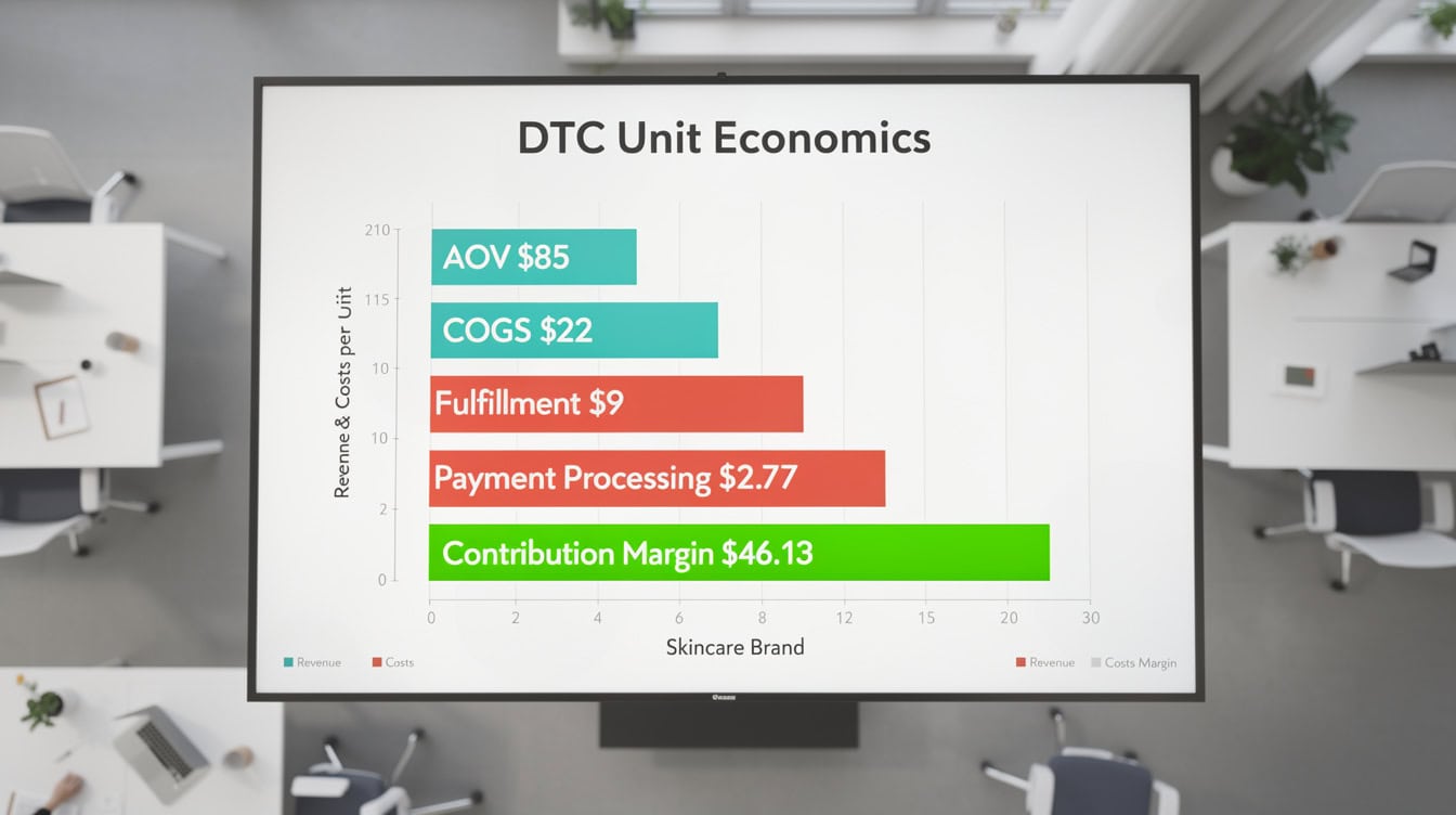 Waterfall chart showing DTC skincare brand contribution margin calculation from AOV down to 13 contribution margin | eFinancialModels Waterfall chart showing DTC skincare brand contribution margin calculation from AOV down to .13 contribution margin