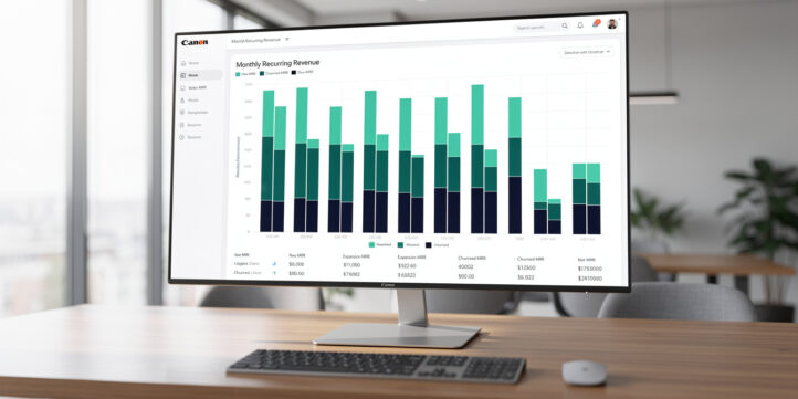 SaaS financial model dashboard showing MRR waterfall chart with new, expansion, and churned MRR components