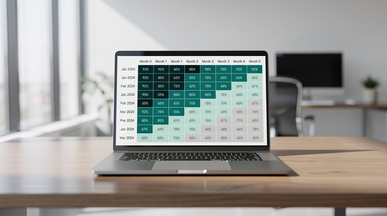 SaaS cohort analysis heat map showing customer retention rates by acquisition month and months since acquisition | eFinancialModels SaaS cohort analysis heat map showing customer retention rates by acquisition month and months since acquisition