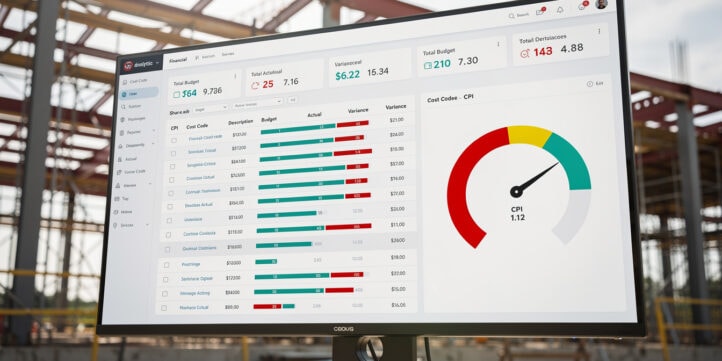 Construction job-cost model dashboard showing cost variance and CPI metrics