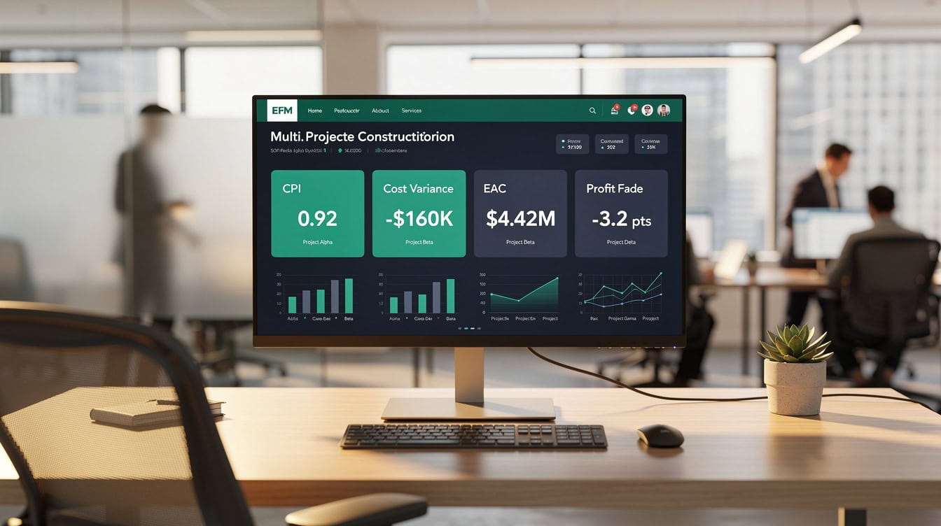 Multi-project construction portfolio dashboard showing CPI cost variance EAC and profit fade KPIs | eFinancialModels Multi-project construction portfolio dashboard showing CPI, cost variance, EAC, and profit fade KPIs