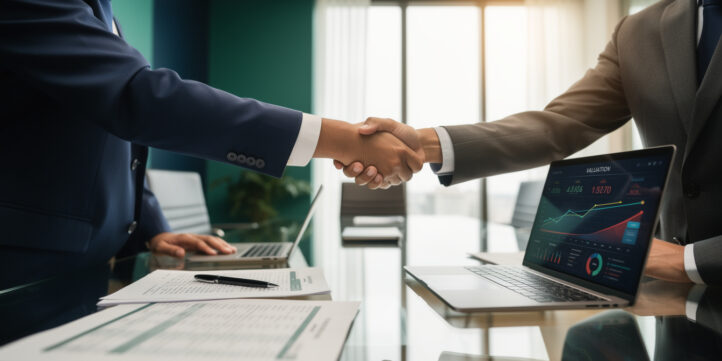 Two professionals completing a business acquisition deal with financial documents and valuation charts on a desk