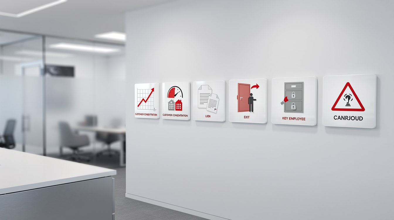 Seven business acquisition red flags illustrated as warning cards declining revenue customer concentration document mismatch liens key employee departure withheld documentation and environmental liability | eFinancialModels Seven business acquisition red flags illustrated as warning cards: declining revenue, customer concentration, document mismatch, liens, key employee departure, withheld documentation, and environmental liability