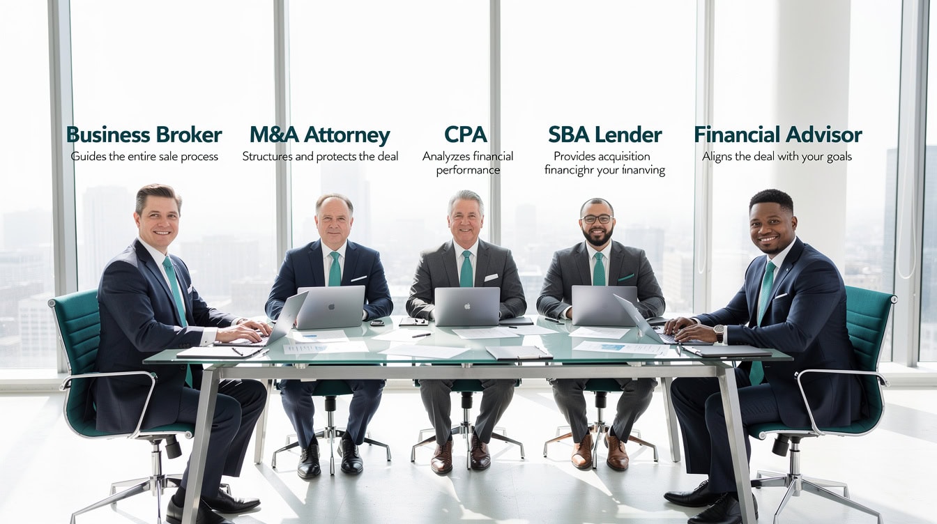 Business acquisition team showing five key roles business broker MA attorney CPA SBA lender and financial advisor with role descriptions | eFinancialModels Business acquisition team showing five key roles: business broker, M&A attorney, CPA, SBA lender, and financial advisor with role descriptions