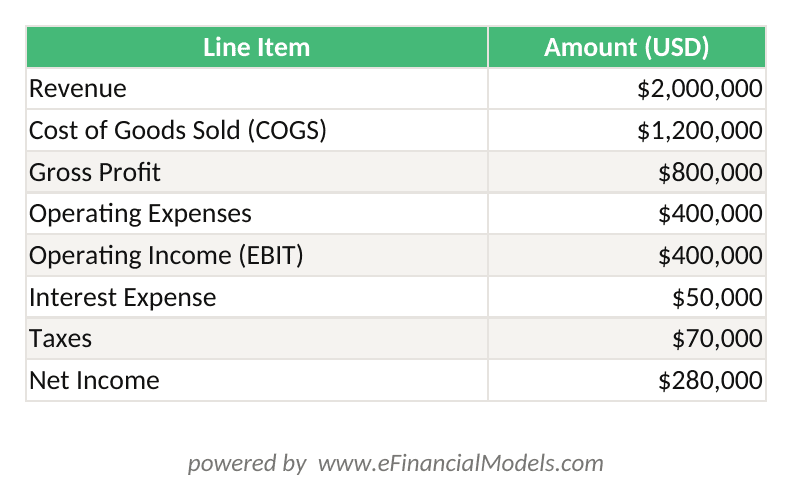 Excel worksheet showing gross margin operating margin and net margin calculations for a sample company with 00000 in revenue | eFinancialModels Excel worksheet showing gross margin, operating margin, and net margin calculations for a sample company with