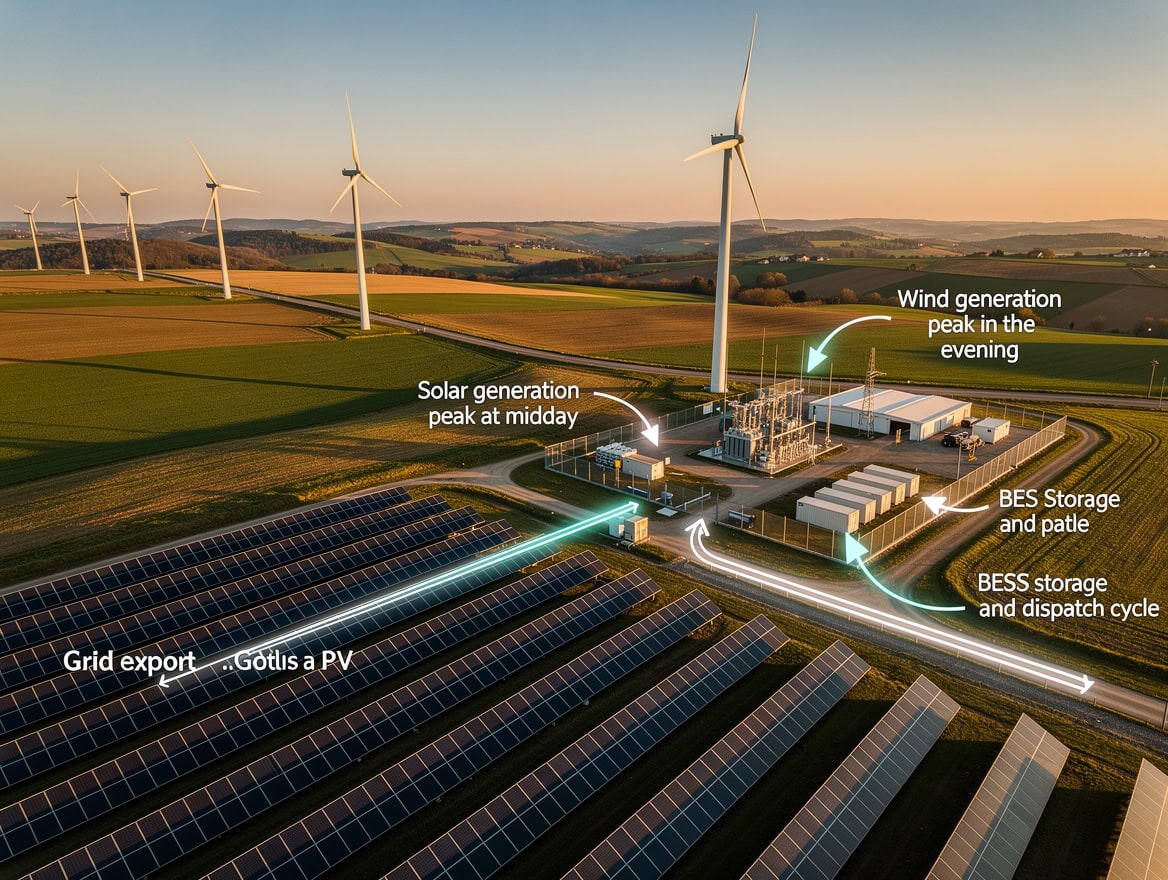 Illustration of a 2030 decarbonized energy grid combining solar wind battery storage pumped hydro and green hydrogen | eFinancialModels Illustration of a 2030 decarbonized energy grid combining solar, wind, battery storage, pumped hydro, and green hydrogen