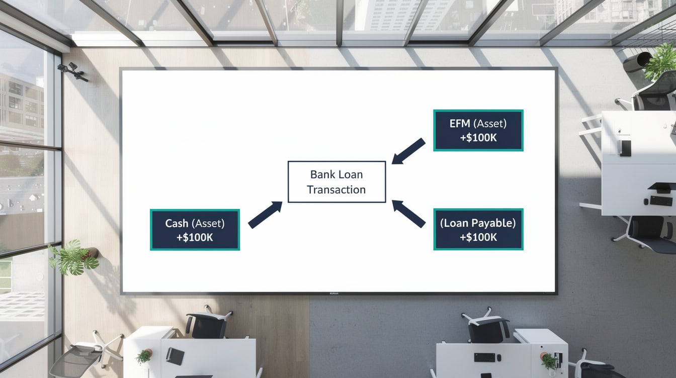 Flowchart showing how a 0K bank loan increases both cash assets and loan payable liabilities equally | eFinancialModels Flowchart showing how a 0K bank loan increases both cash assets and loan payable liabilities equally