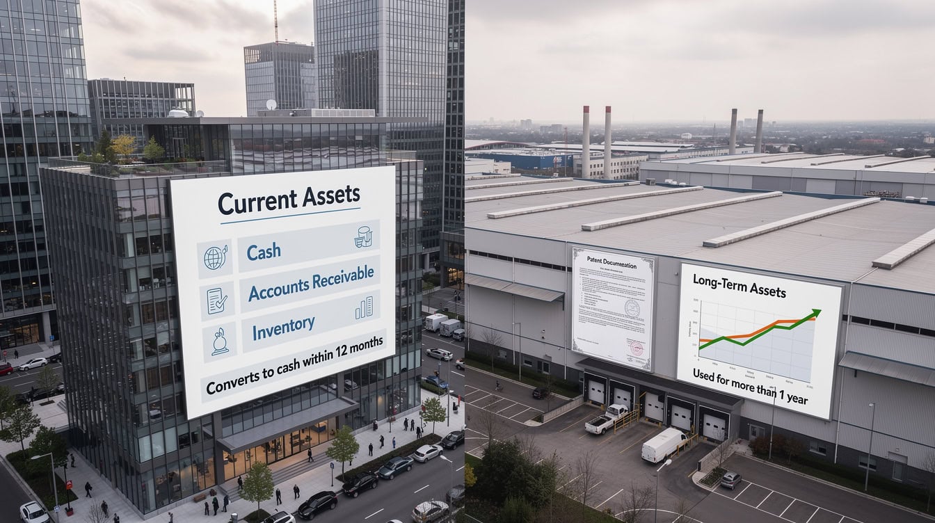 Side-by-side comparison diagram of current assets versus non-current assets with icons and time horizon labels | eFinancialModels Side-by-side comparison diagram of current assets versus non-current assets with icons and time horizon labels