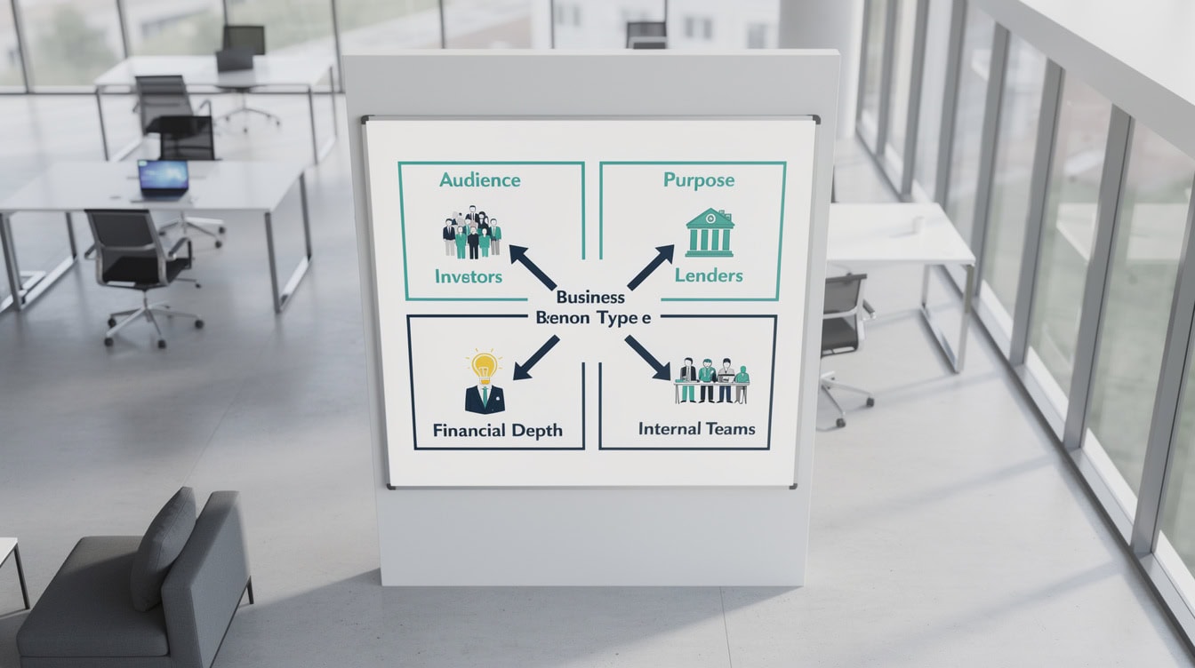 Four-quadrant diagram defining what makes a business plan type audience purpose financial depth and length | eFinancialModels Four-quadrant diagram defining what makes a business plan type: audience, purpose, financial depth, and length
