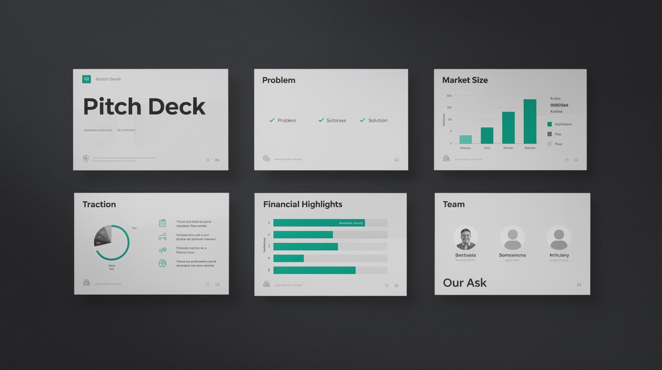 Investor pitch deck layout showing 12 slides including financial highlights and market size slides | eFinancialModels Investor pitch deck layout showing 12 slides including financial highlights and market size slides