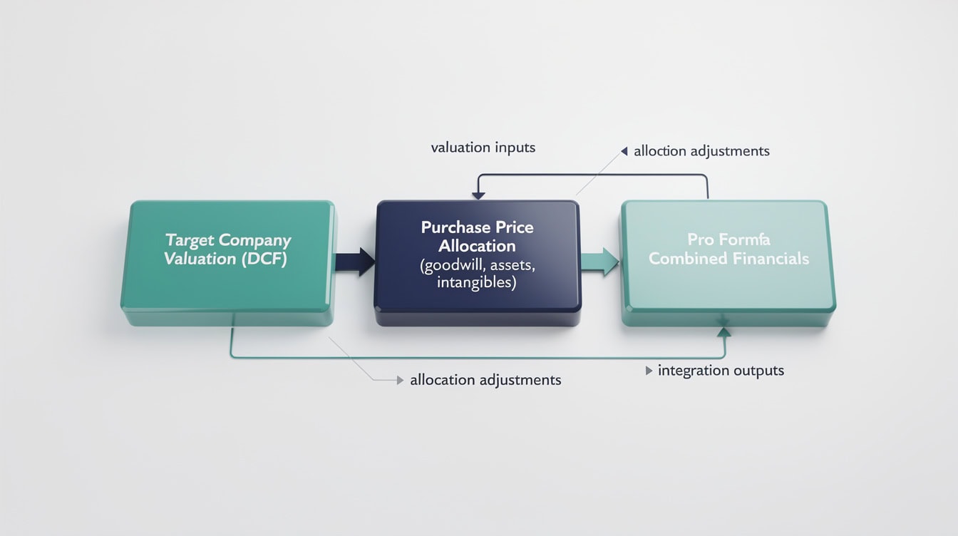 Acquisition business plan financial model showing DCF valuation purchase price allocation and combined pro forma financials | eFinancialModels Acquisition business plan financial model showing DCF valuation, purchase price allocation, and combined pro forma financials