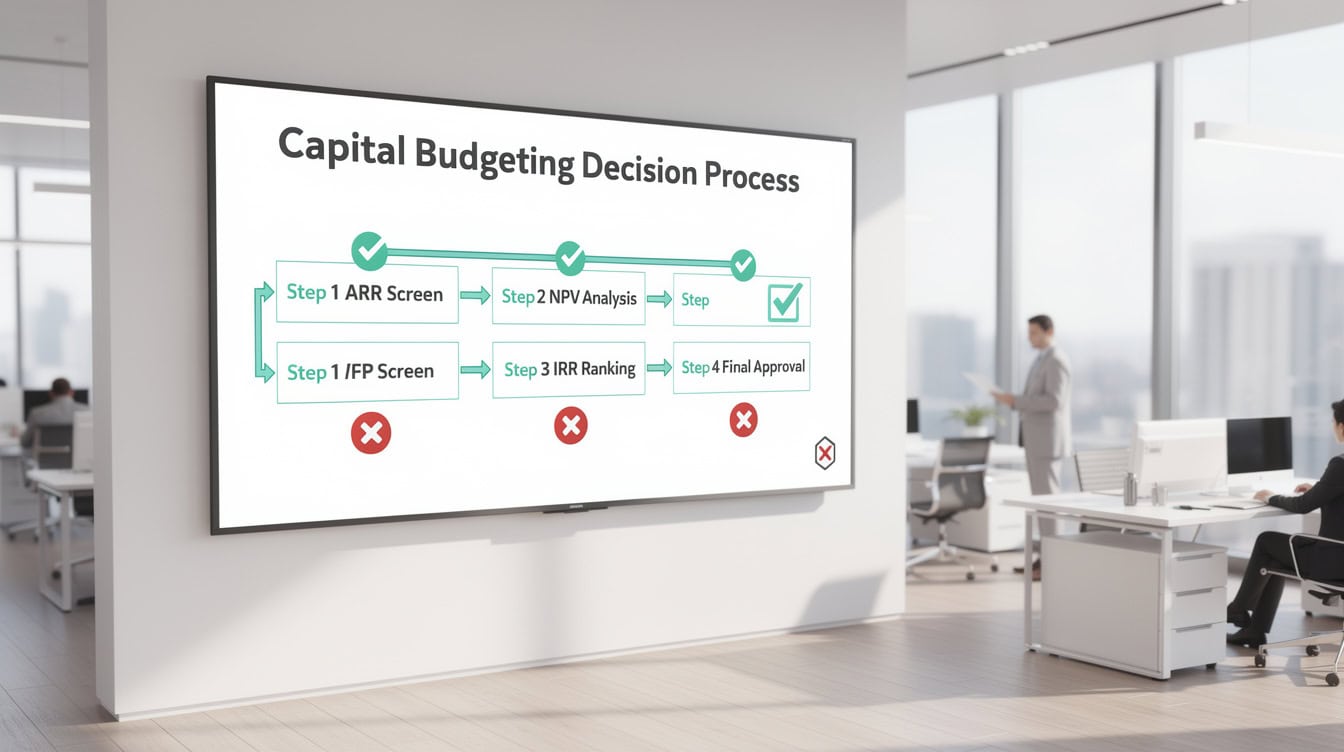 Flowchart showing ARR as the first screening step in a four-stage capital budgeting process | eFinancialModels Flowchart showing ARR as the first screening step in a four-stage capital budgeting process